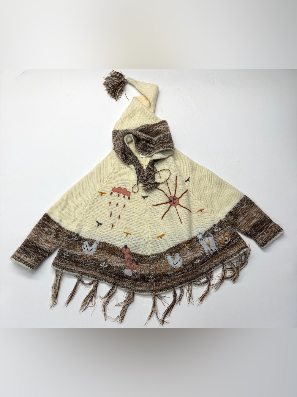 Made in Peru Wool Cream Brown Knit Kids Poncho Hood Animals South American